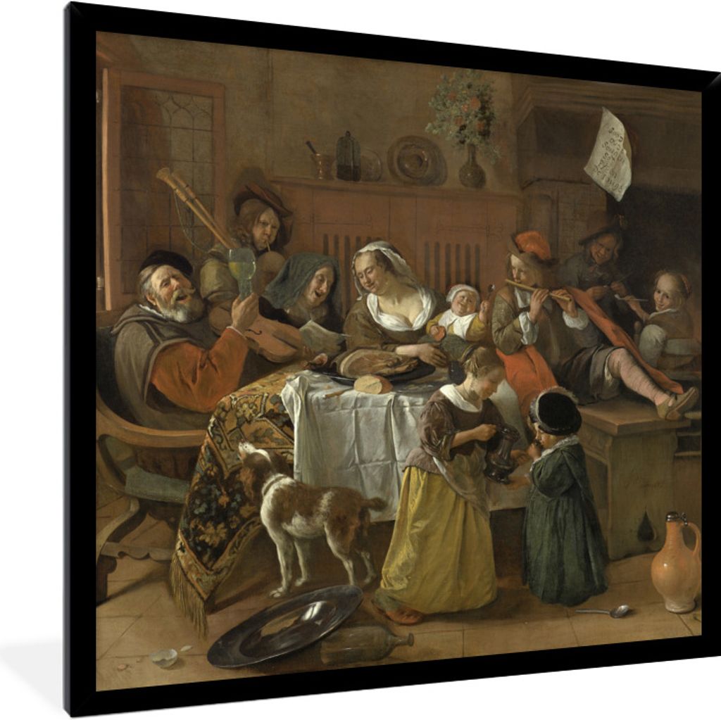 MuchoWow Gerahmtes Poster Der lustige Haushalt - Jan Steen 40x40 cm - Poster mit Schwarzem Bilderrahmen Wandposter Rahmen Foto Bilder - Mit Rahme...