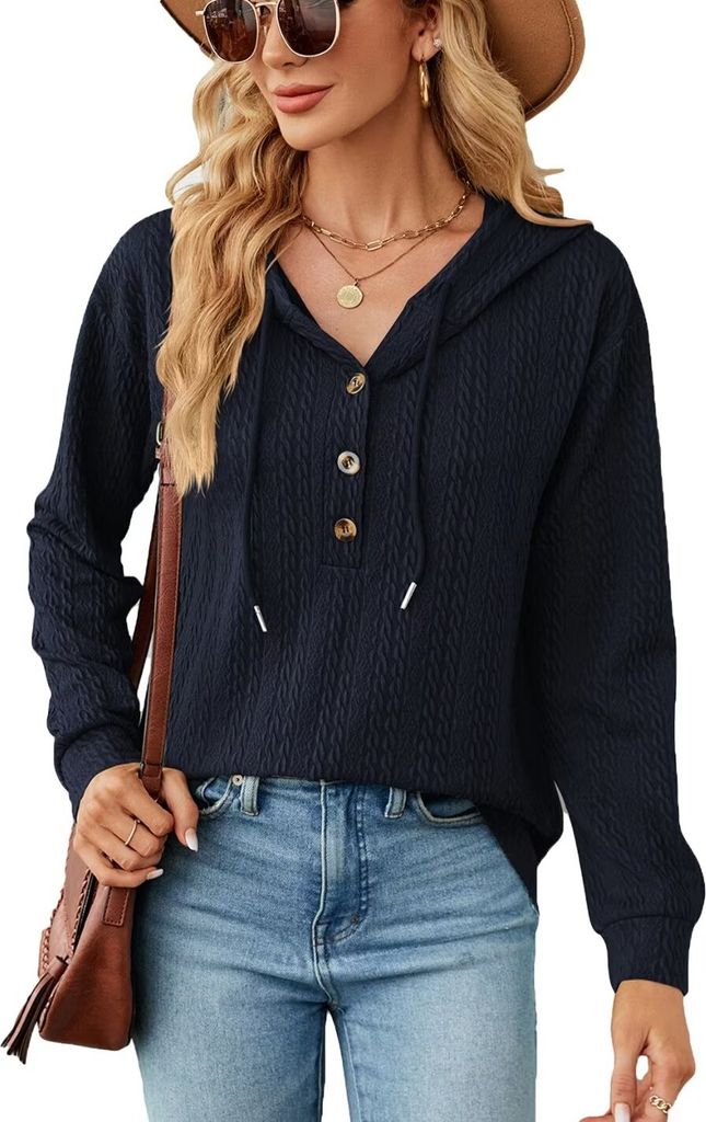 ASKSA Damen Kapuzenpullover Langarm Casual Einfarbig Hoodie Pullover Sweatshirt Oberteil mit Reissverschluss, Dunkelblau, L