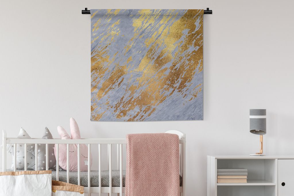 MuchoWow Wandteppich Wandbehang Marmor - Blau - Gold 90x90 cm Tapisserie Dekoration Wandtuch - Wandaufhänger