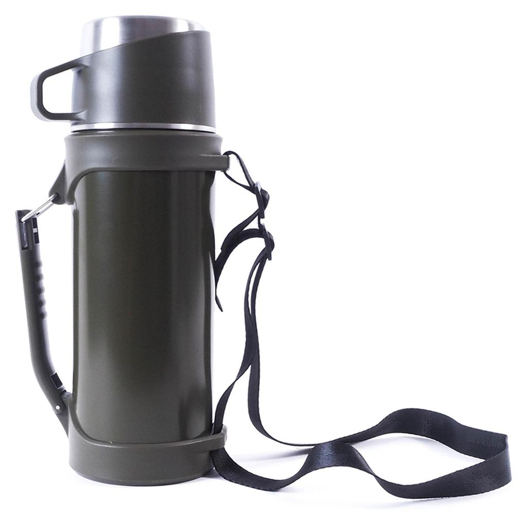 Grüne Thermoskanne 1,5 L, 33 cm hoch, 11 cm breit, hält 12h Produktbild 