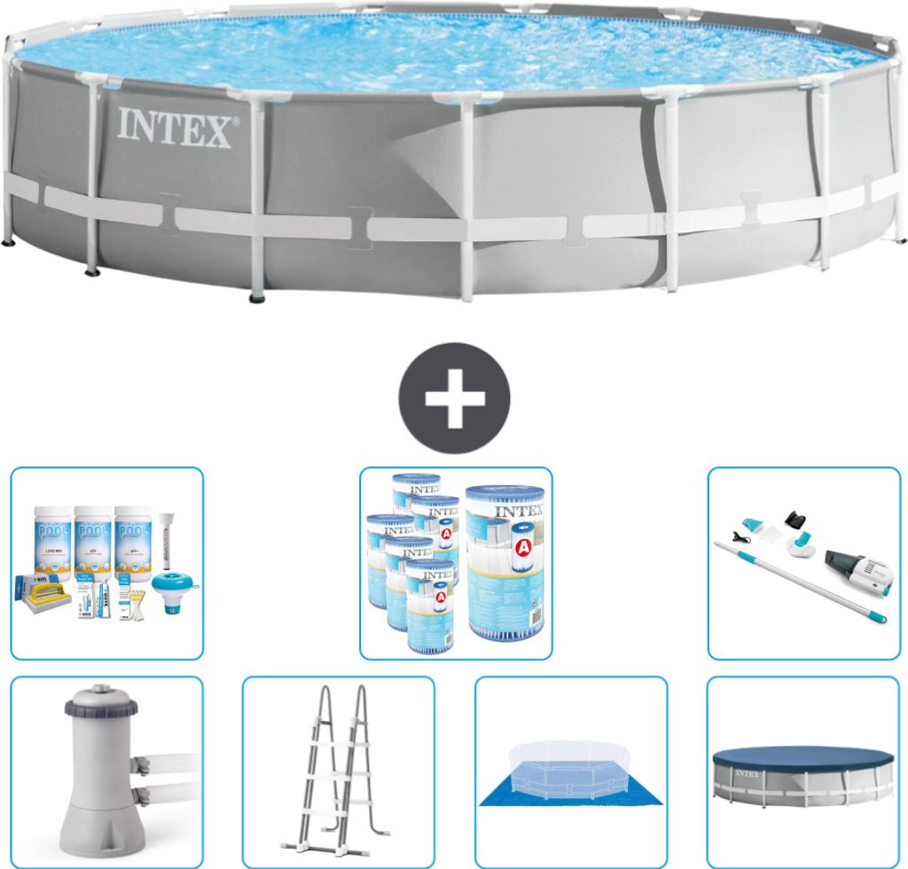 Intex Round Prism Frame Swimming Pool – 457 x 107 cm – Grau – inklusive Pumpe – Leiter – Bodenplane – Abdeckung Wartungspaket - Filter ...