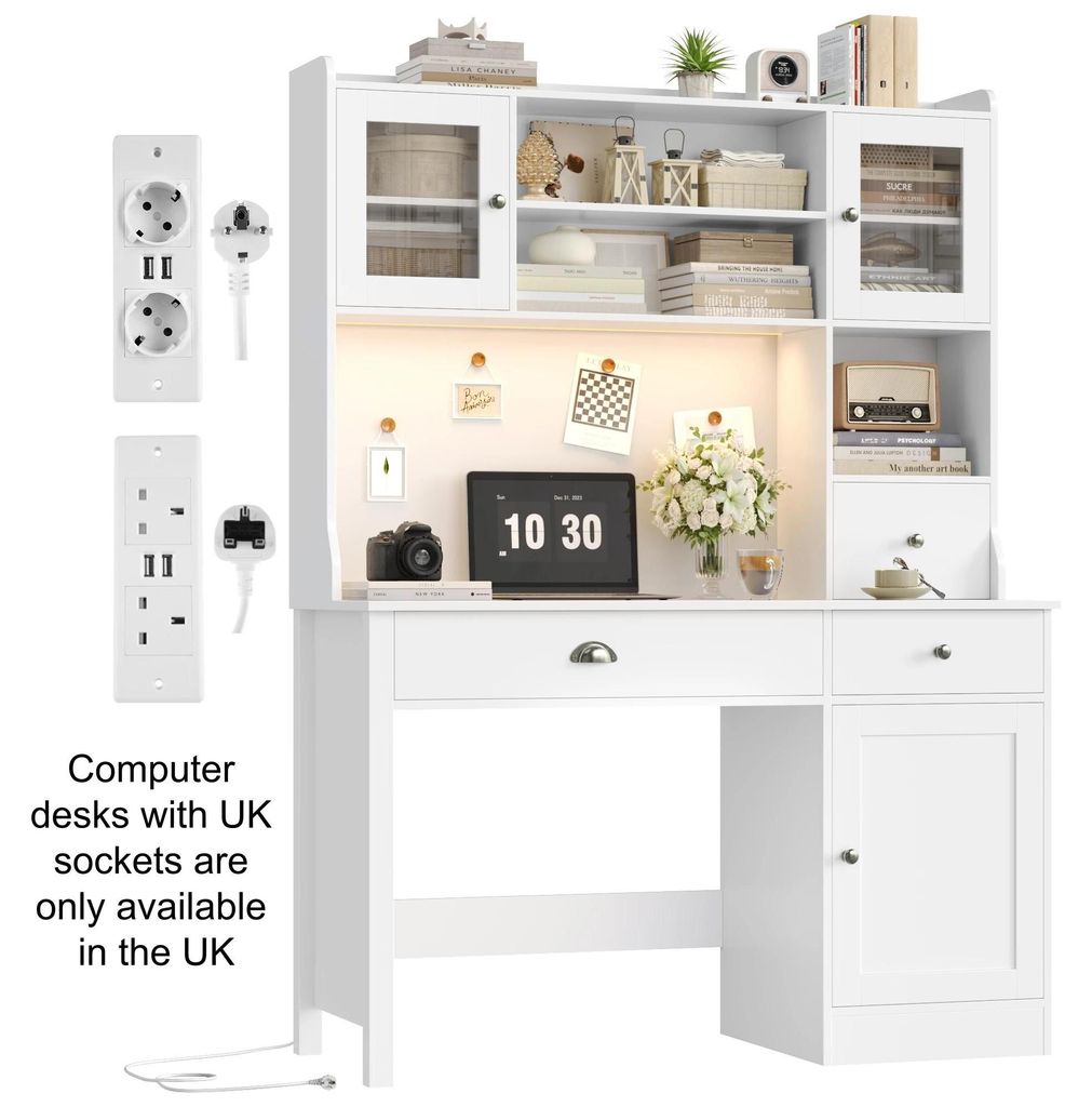 Schreibtisch mit LED-Beleuchtung - Computer- und Schminktisch - Mit Schubladen und Schrank - 2 Steckdosen 2 USB-Anschlüsse - 120x48x165 cm - Weiß