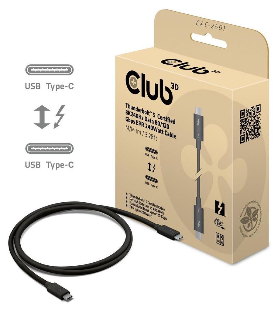 Club3D Kabel Thunderbolt5 zertifi. 8K240Hz/ 80/120Gbps 1m retail