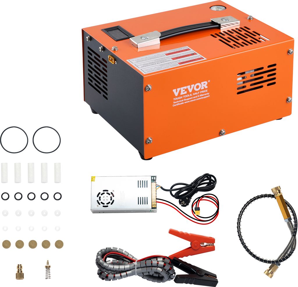 A product shot of a VEVOR PCP compressor and its accessories, laid out on a white background.