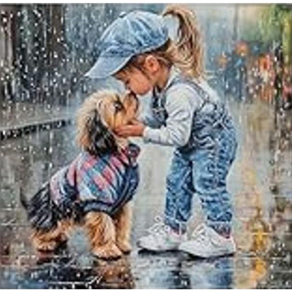 Mosaico diamantato, "Ragazza con il cane sotto la pioggia", Immagine del prodotto 