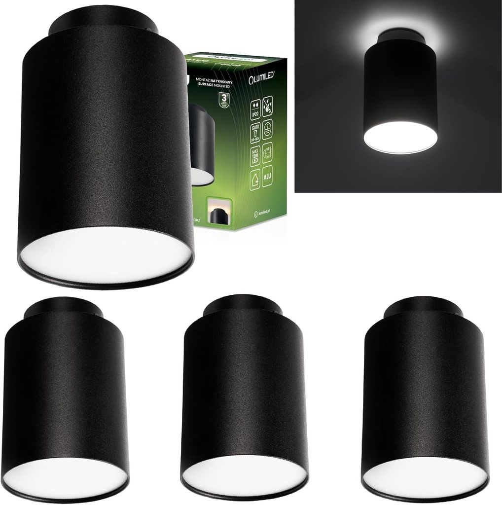 LUMILED 4er Set Aufbauspot GU10 Fassung Schwarz Feste Deckenspot Aufputz Deckenstrahler Modern Spot Deckenleuchte Aluminium Aufbaustrahler 230V Run...