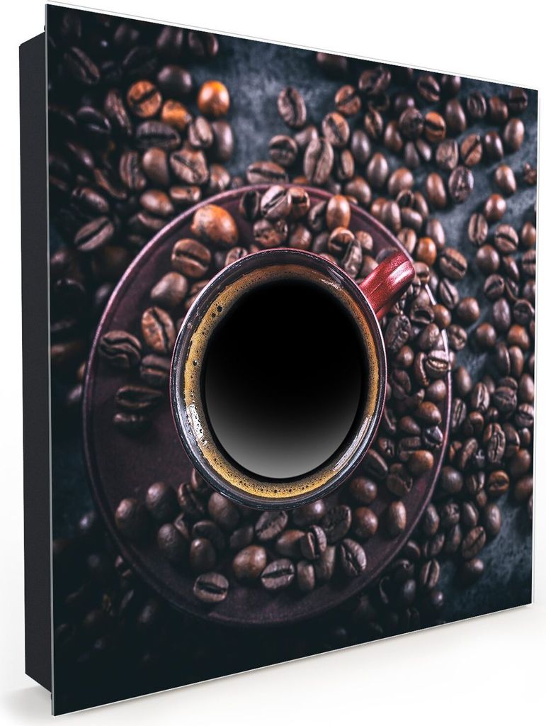 Nachbildung-Schlüsselkasten, Magnetpinnwand und Memoboard mit Glasfront Motiv Tasse auf Kaffeebohnen