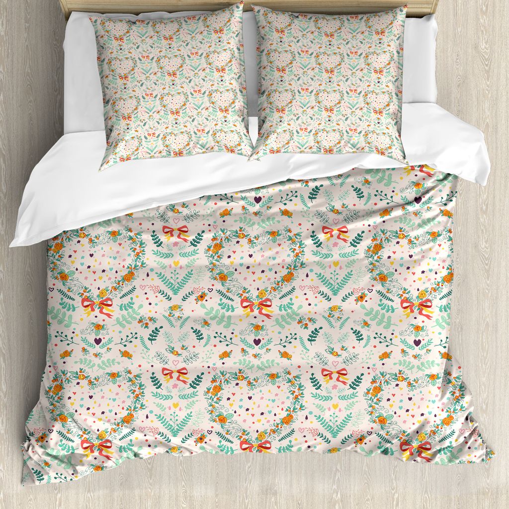 ABAKUHAUS Shabby Flora Bettbezug, Vintage Herz-Bänder, Milbensicher Allergiker geeignet mit Kissenbezügen, 200 cm x 200 cm - 80 x 80 cm, beige Mint