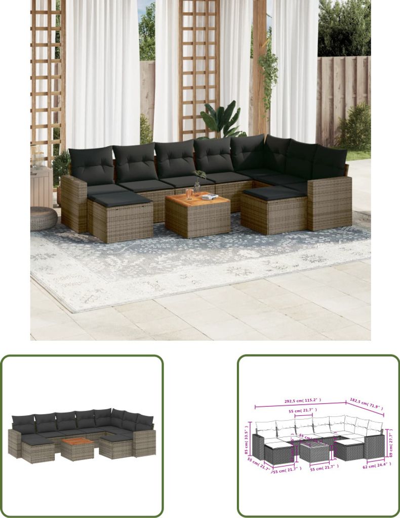 The Living Store 10-tlg. Garten-Sofagarnitur mit Kissen Grau Poly Rattan