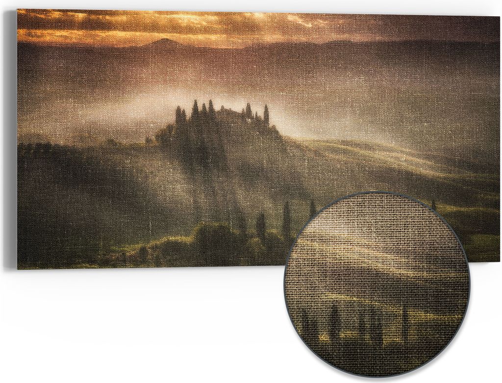 DEQORI Hybrid Leinwand Bild 60x30 cm 'Morgenlicht Zauber' Wandbild Glas flach modern