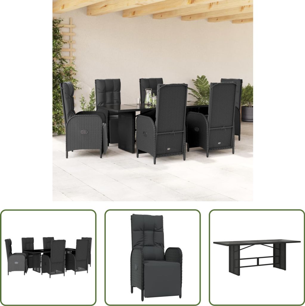 The Living Store 7-tlg. Garten-Essgruppe mit Kissen Schwarz Poly Rattan