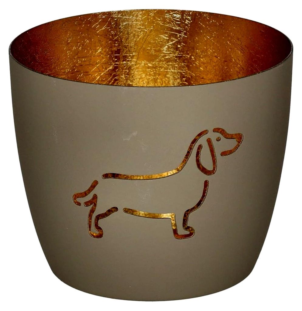 Madras Windlicht M Dackel hot Sandstone/Gold 8,5cm