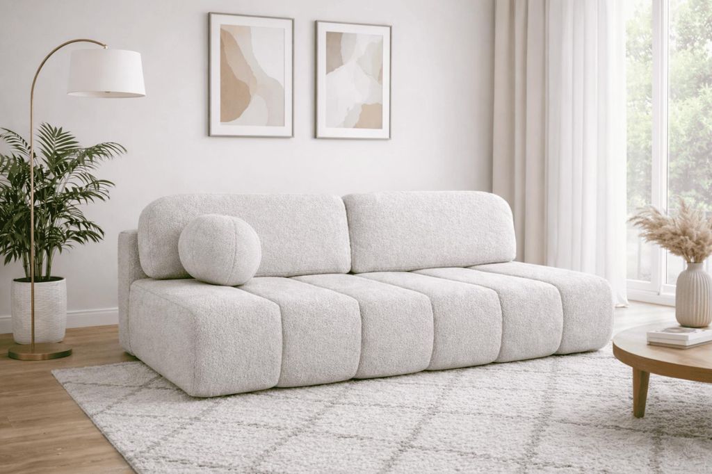 Polstersofa  aus Bouclé, Sofa mit Schlaffunktion und Produktbild 
