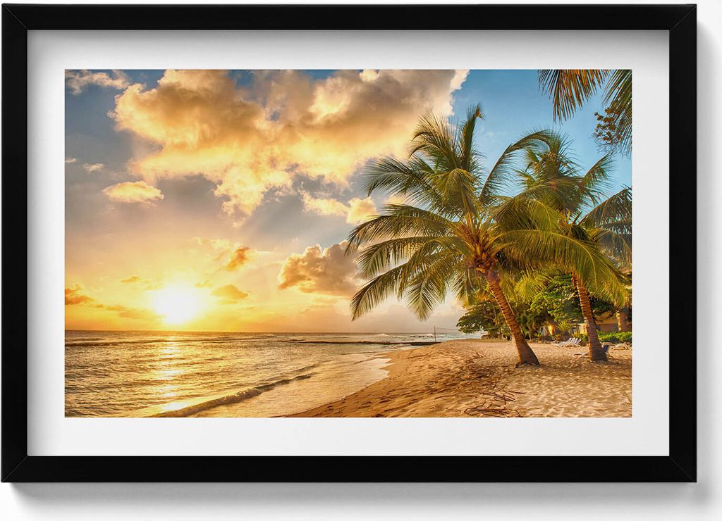 Palmenstrand und Meer bei Sonnenuntergang– Wandbild mit Rahmen – Gerahmtes Bild – Wanddekoration – 60x40 cm – Schwarz Rahmen