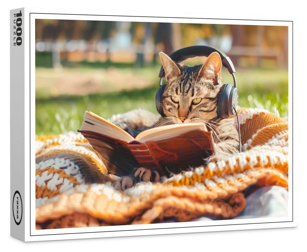 raxxa Premium-Puzzle "Cat reading book on knitted blanket", 1000 Teile