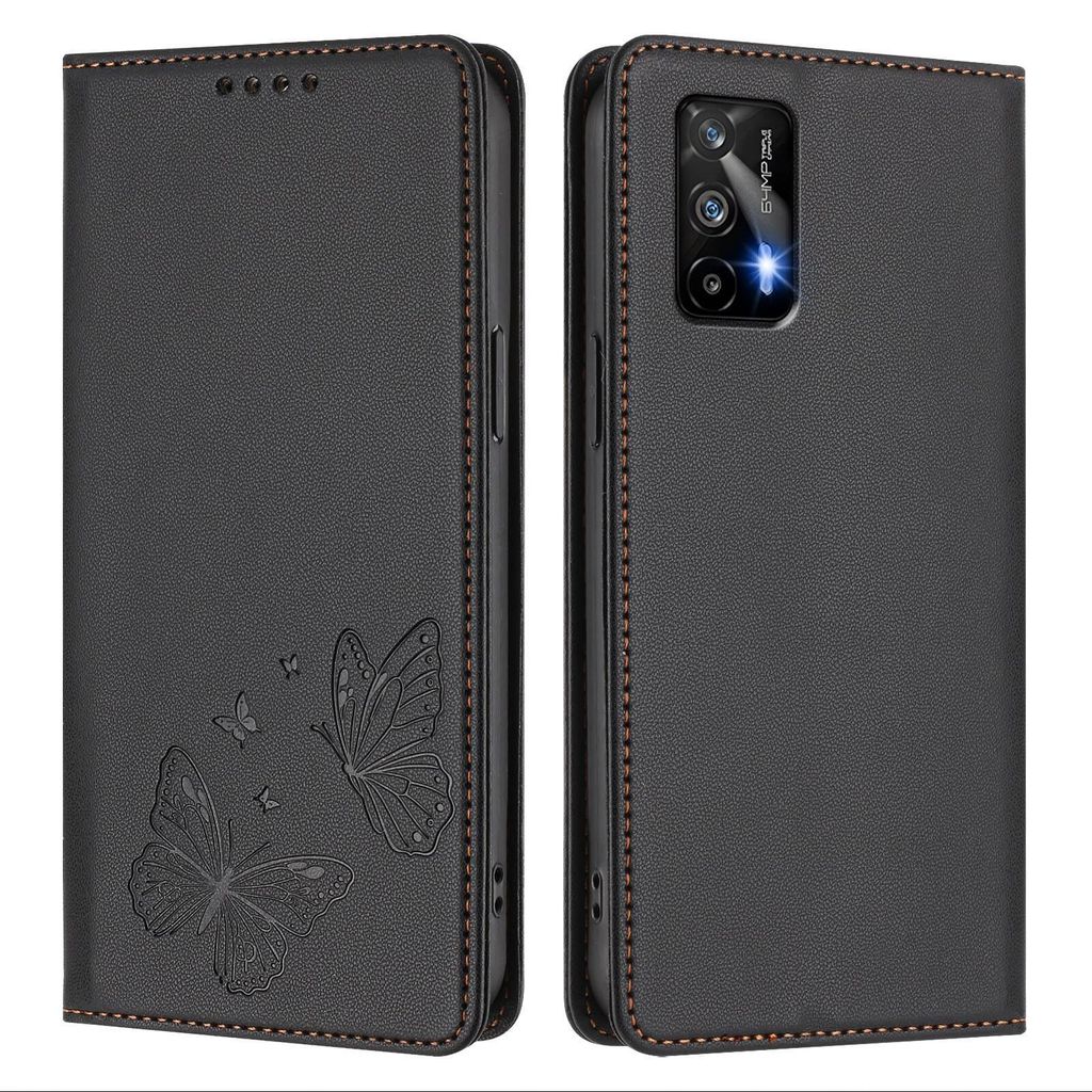 Lederhülle für Realme GT 5G/Realme GT Neo, Schmetterling Prägung Leder Brieftasche Schutzhülle mit Ständer Schwarz