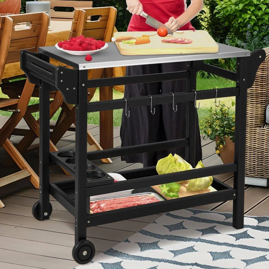 Chariot Barbecue Haute Résistance avec Roues et Support Condiments 90cm - 2