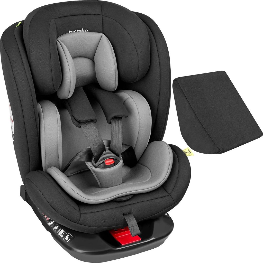 A black and gray car seat with a separate wedge-shaped accessory, shown on a white background.