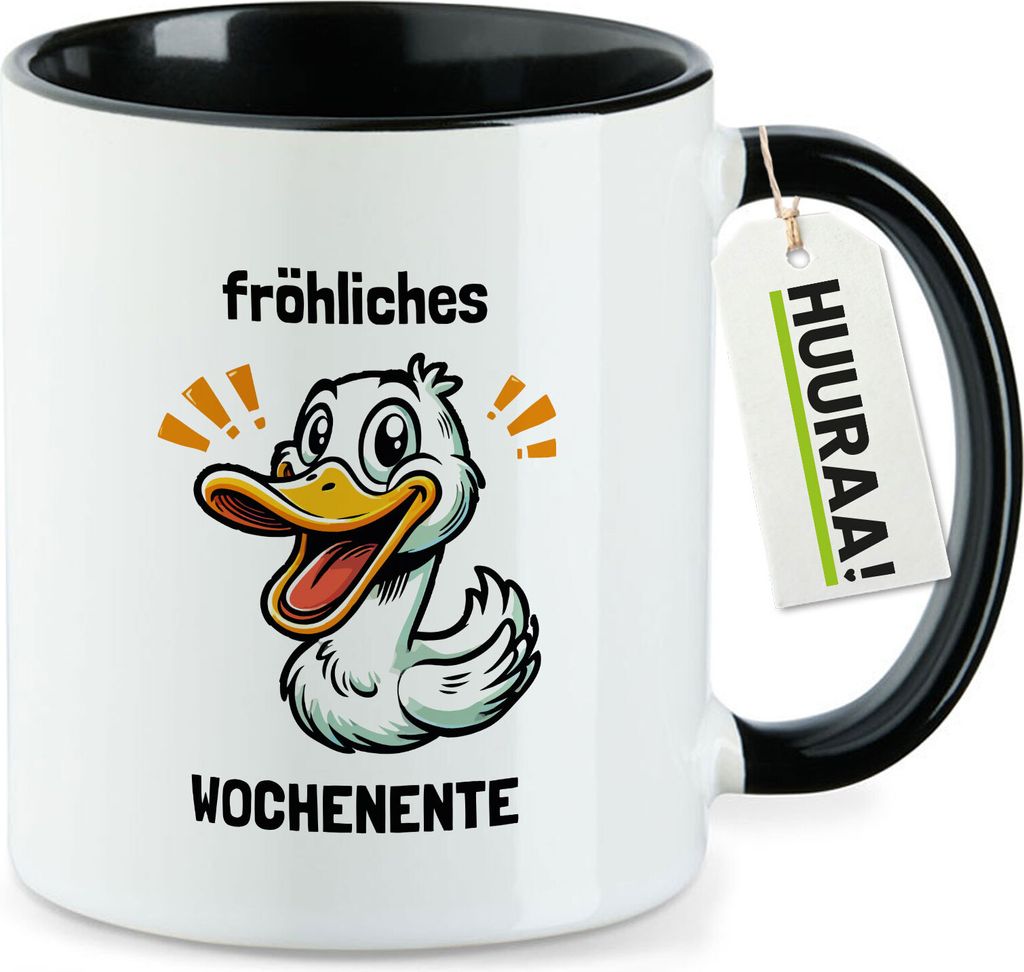 Huuraa Kaffeetasse fröhliches Wochenente Ente Meme 330ml Schwarz Keramik Kaffeebecher Geschenkidee