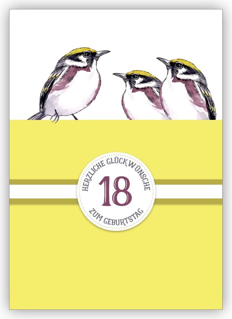 Sonnige klassische Geburtstagskarte zum 18. Geburtstag mit schönen Vögeln in gelb: 18 Herzliche Glückwünsche zum Geburtstag