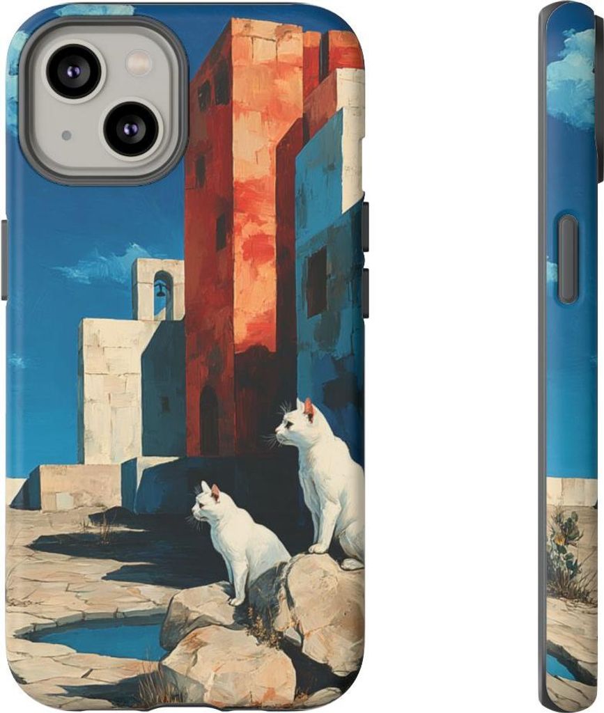 Weiße Katzen auf Felsen in Wüstenlandschaft – Handyhülle Kompatibel mit iPhone 14