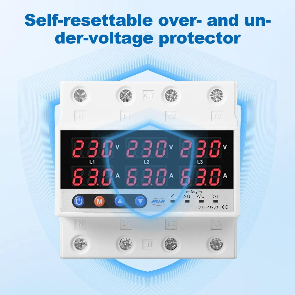 Protection Électrique Triphasée 63A Rail DIN avec Voltmètre Ampèremètre