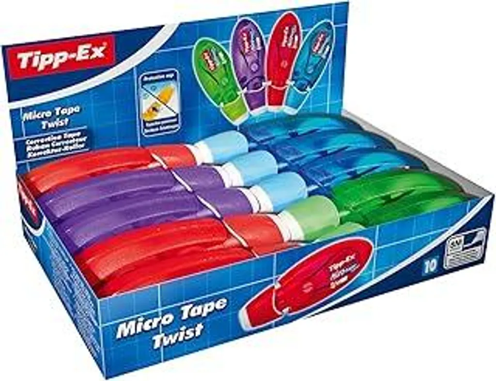 Correttore in nastro Tipp-Ex Micro Tape Twist con cappuccio protettivo, in 4 colori, 8 m x 5 mm, confezione da 10, ideale per l'ufficio, l'home office o la scuola