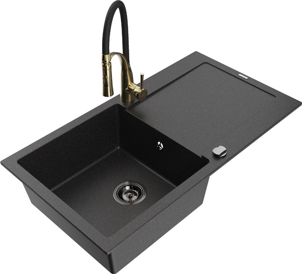 Mexen Leo 1 Becken-Granitspüle mit Abtropffläche und Mischbatterie Aster, Schwarz/Silbermetallic - 6501-73-73450-57-B
