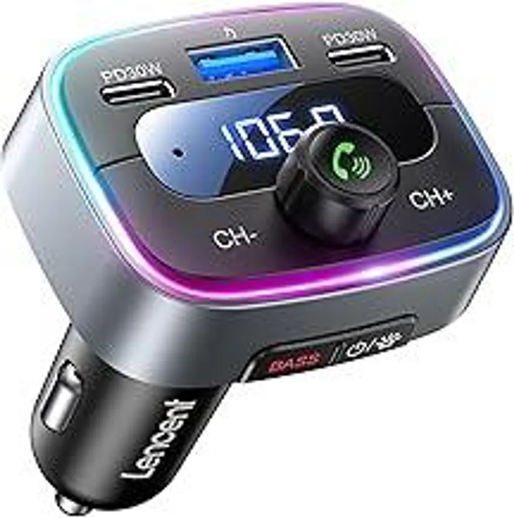 LENCENT Trasmettitore FM Bluetooth 5.4 Adattatore Bluetooth per auto, 60 W PD 30 W Doppia ricarica rapida USB-C, Adattatore musicale per auto, Vivavoce, Retroilluminazione LED a 7 colori e chiavetta USB