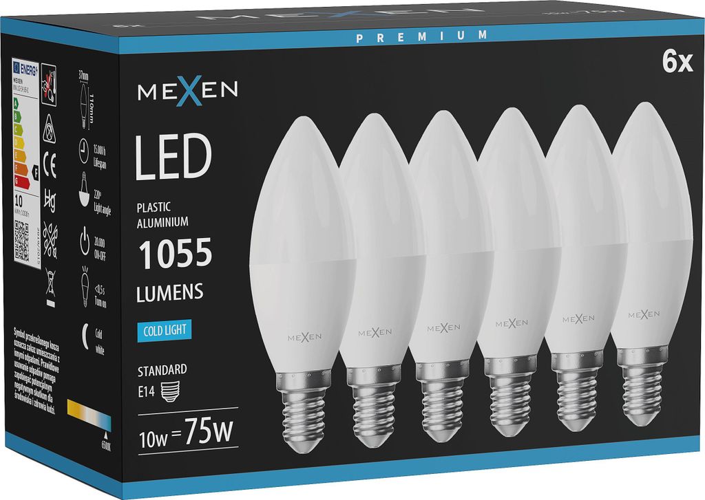 Mexen Nova 6x LED-Glühbirne E14, C37, 10W, Kalt - 6500K, Produktbild 