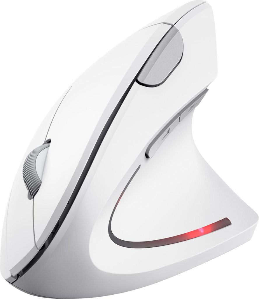 A white vertical computer mouse is shown against a white background.