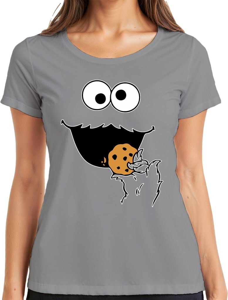 Keksmonster Keks Krümel lustig Karneval Geschenk Fasching Fastnacht Damen T-Shirt, Grau, L