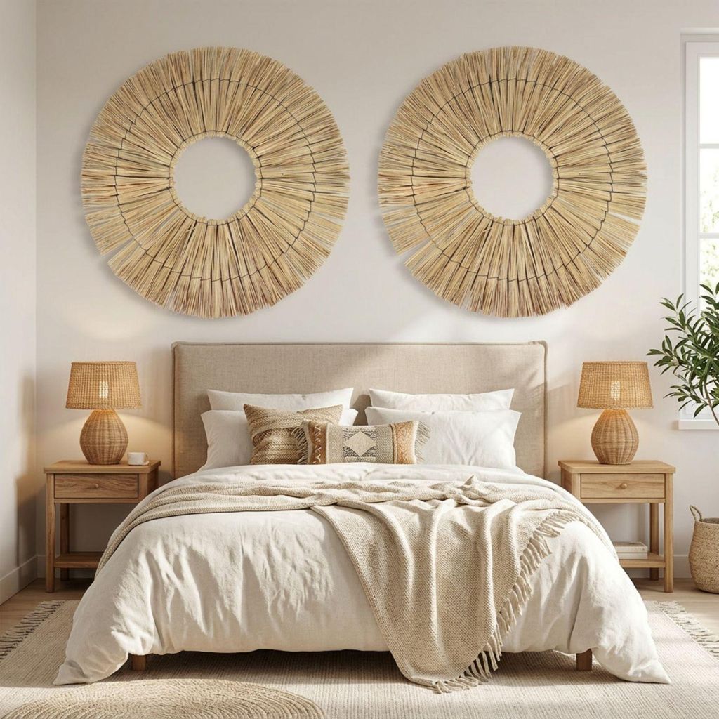 Wanddekoration im Boho-Stil, mit runder Form, aus Rattan