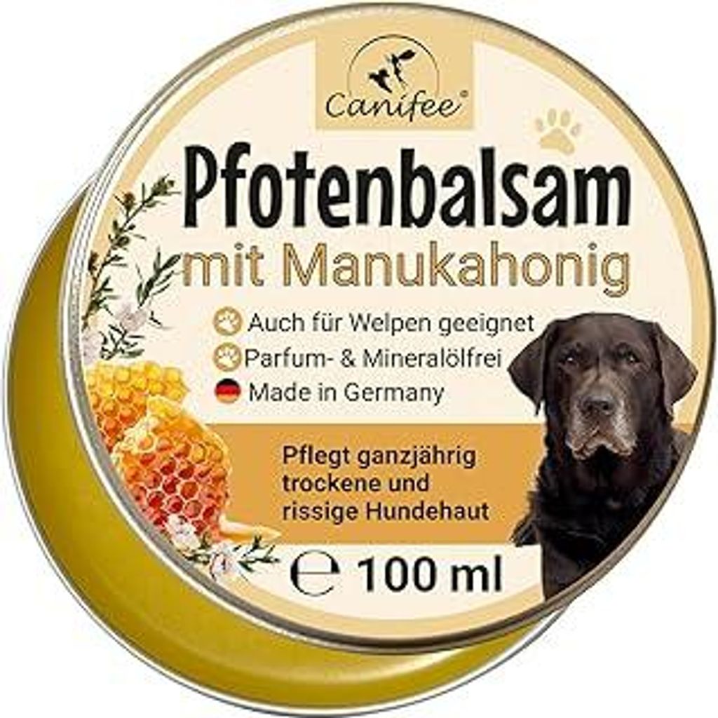 Pfotenbalsam Hunde mit Manukahonig 100ml Dose parfumfrei mineralölfrei die ideale Hunde Pfotenpflege für Sommer und Winter