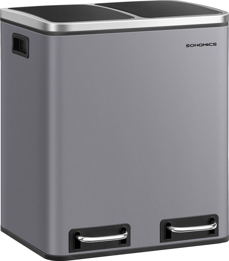 A gray dual-compartment trash can with silver pedals.