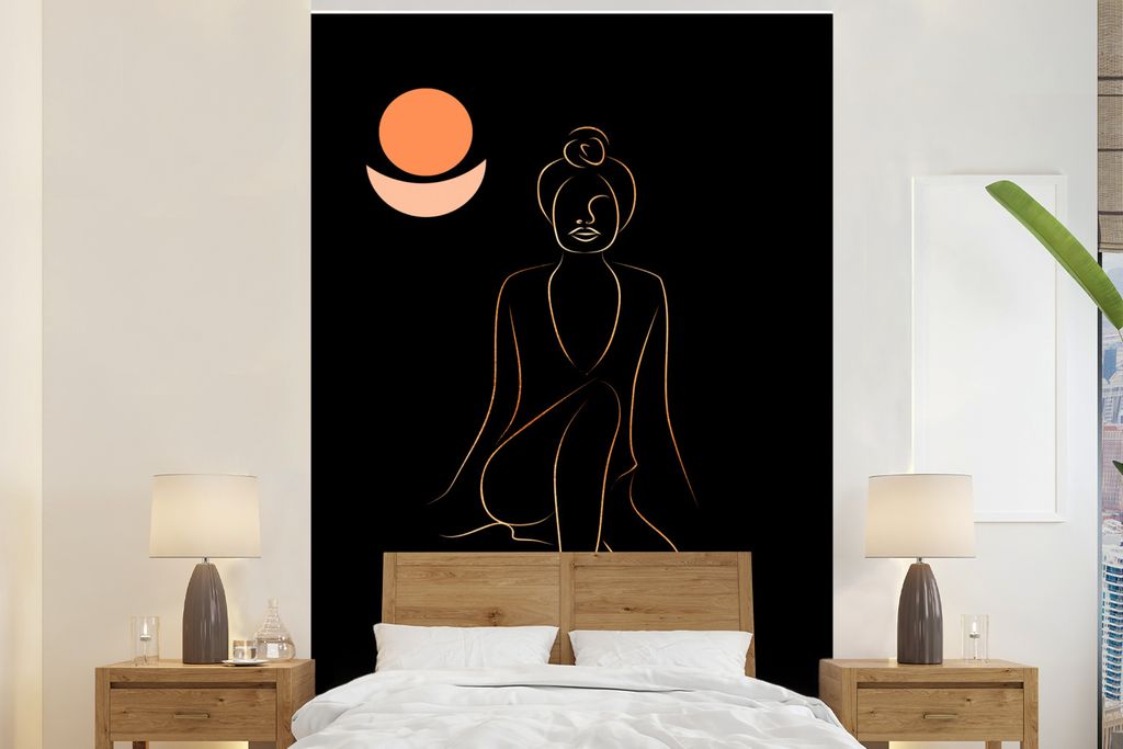MuchoWow Fototapete für Wohnzimmer oder Schlafzimmer Wandtapete Vinyl Motivtapete Frau - Gold - Schwarz - Strichzeichnung - 145x220 cm - Wanddek...