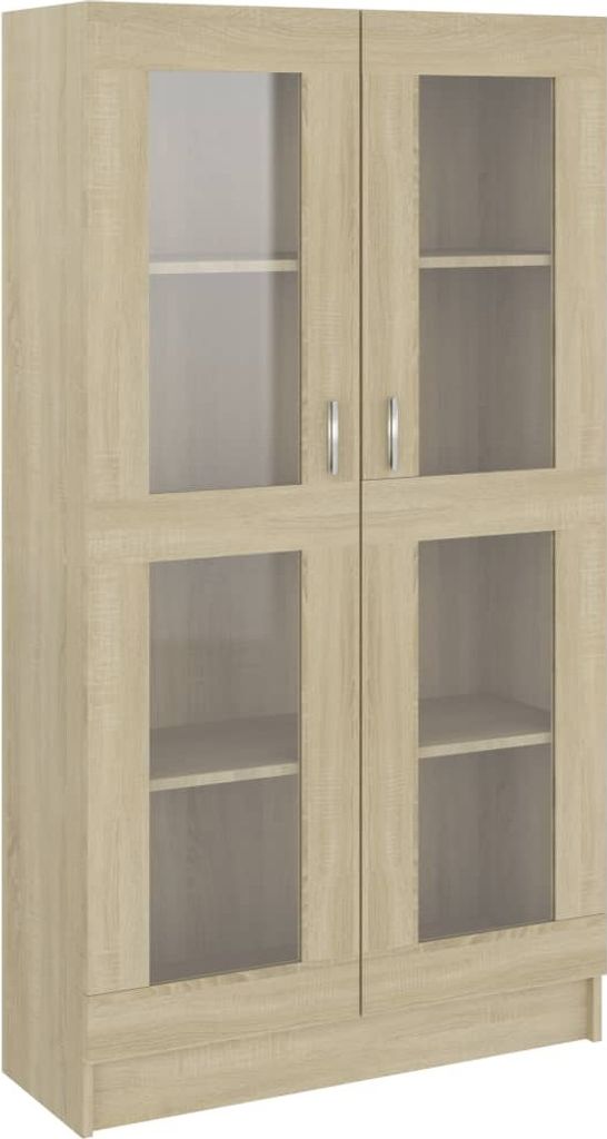 A front view of a tall, narrow, light wood-colored display cabinet with glass doors.