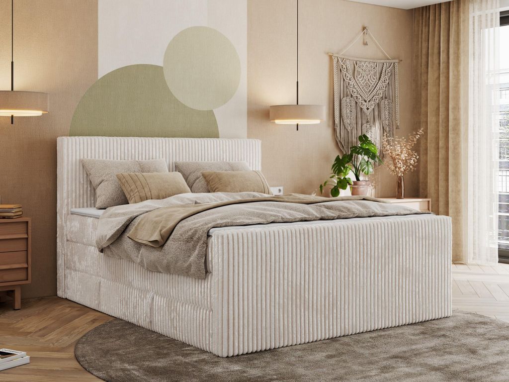 MKS MEBLE Boxspringbett mit zwei Bettkästen TILIANO KING DUO, Doppelbett aus Cordstoff, 7 Härtezonen Multipocket-Matratzen, Doppelbett mit Staura...