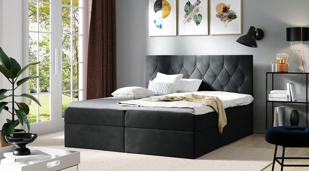Bett Boxspring TIBOR – 180x200, schwarz + ER Topper