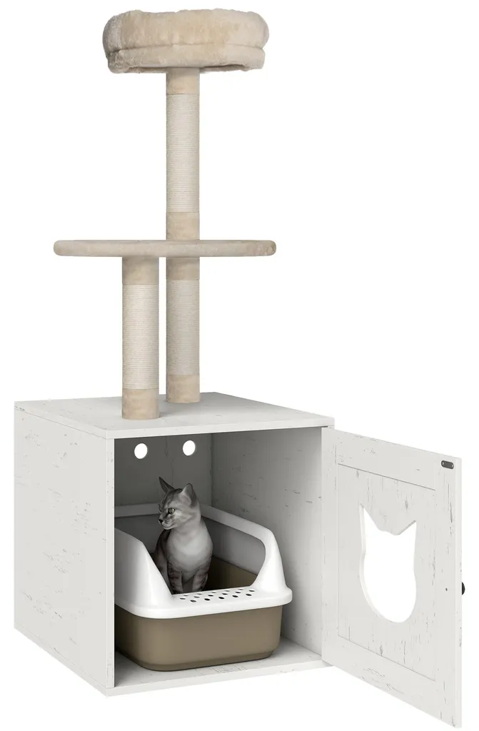 Arbre à chat d'appartement avec cache-litière fermé beige 129 cm