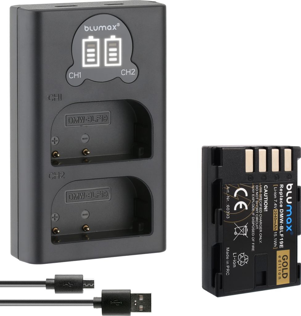 1x Akku + LCD Lader für Panasonic BLF19E DMC-GH3 GH4 DC-GH5 G9 BLF19 2040 mAh