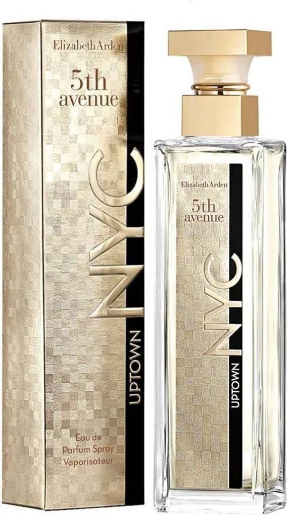 A perfume bottle and its packaging are displayed against a white background.