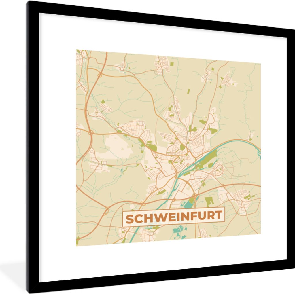 MuchoWow Gerahmtes Poster Stadtplan - Schweinfurt - Stadtplan - Vintage 40x40 cm - Poster mit Schwarzem Bilderrahmen Wandposter Rahmen Foto Bilde...