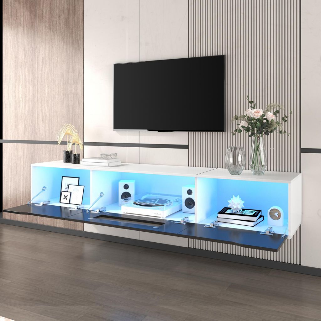 STILVORA TV-Schrank mit 3 Klapptüren und Hochglanz,TV-Lowboard mit LED-Beleuchtung durch APP-Steuerung,Fernsehschrank aus PB,Weiß