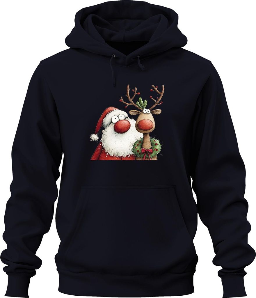Weihnachtsmann Rentier rote Nase Kranz lustig Weihnachten Vintage Uni Hoodie Kapuzenpullover, Navy, L