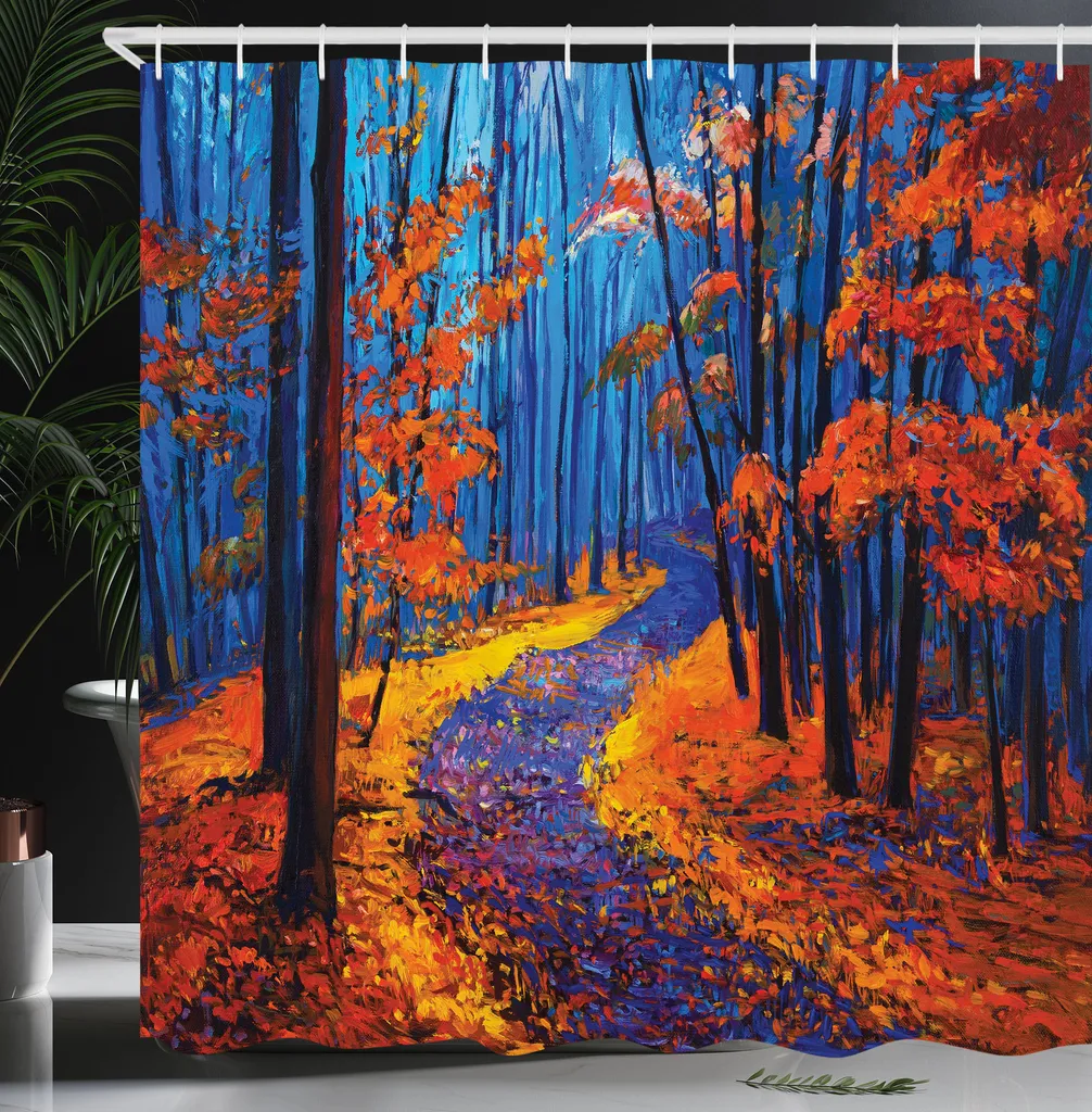 ABAKUHAUS Tenda da doccia Land, scura e profonda nella foresta in autunno Autunno Stagione Calma Magica Natura Arte Pittura, tessuto Set decorativo per bagno con ganci, 175x240 cm, arancione blu navy - 4