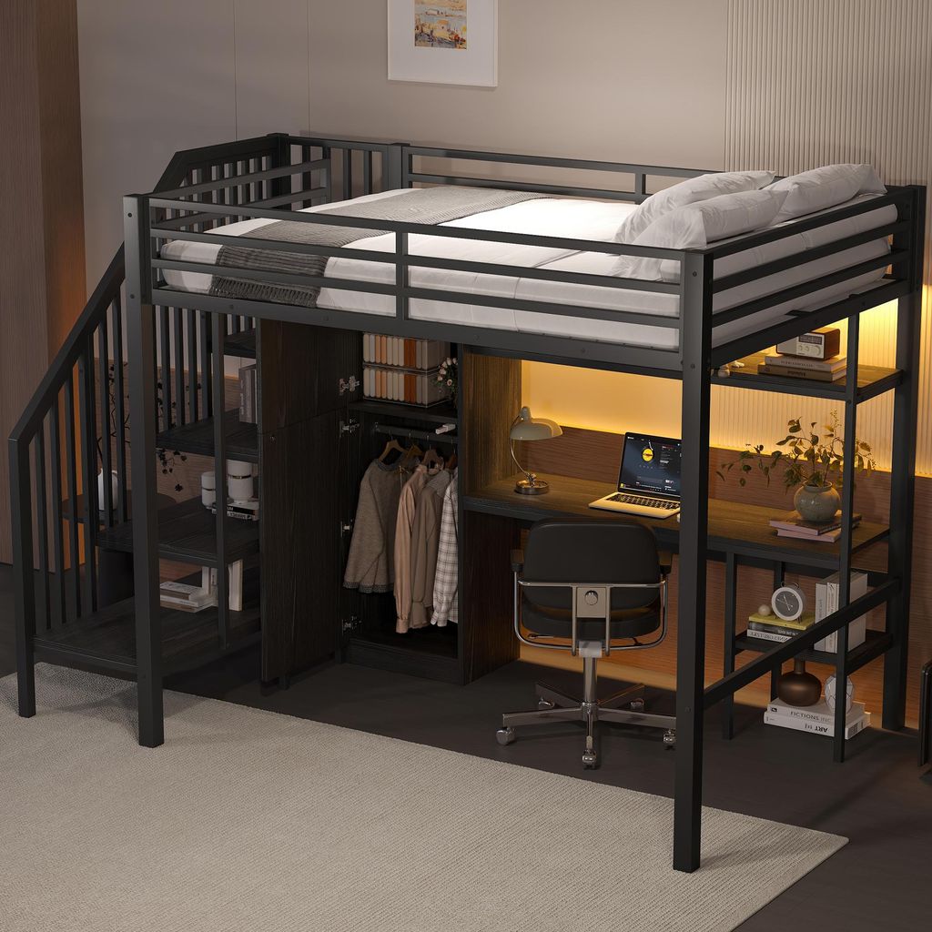 Metall-Hochbett 140x200 mit Schreibtisch, Regal, Kleiderschrank und Stauraumtreppe, Schwarz