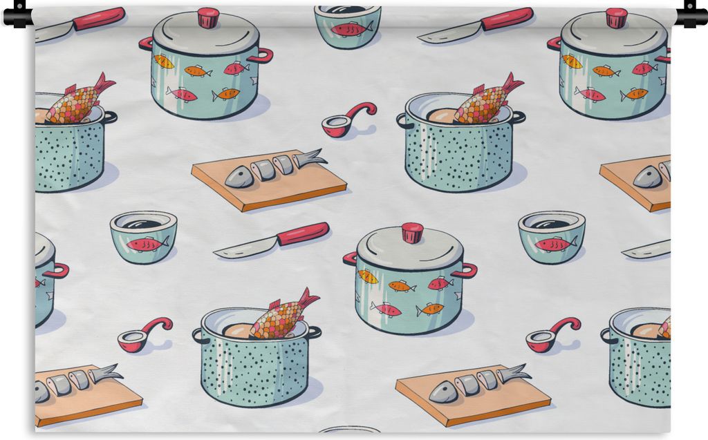 MuchoWow Wandteppich Wandbehang Muster - Kochen - Fisch - Pfanne 90x60 cm Tapisserie Dekoration Wandtuch - Wandskulpturen - Bildteppich