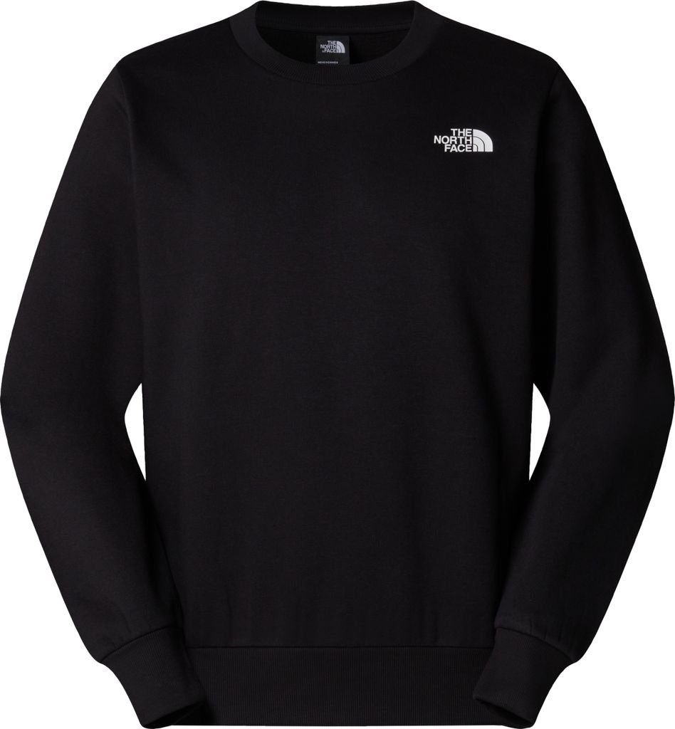 A black crew neck sweatshirt with a small white logo on the upper left chest.