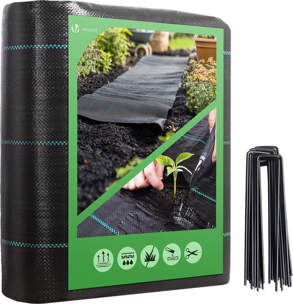 VOUNOT Unkrautvlies 1x10m mit 30 Bodenanker, Gartenvlies Wasserdurchlässig 100g/m²